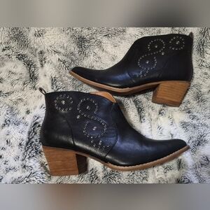 Mi.iM Black Studded Leather Ankle Booties with Wood Block Heel